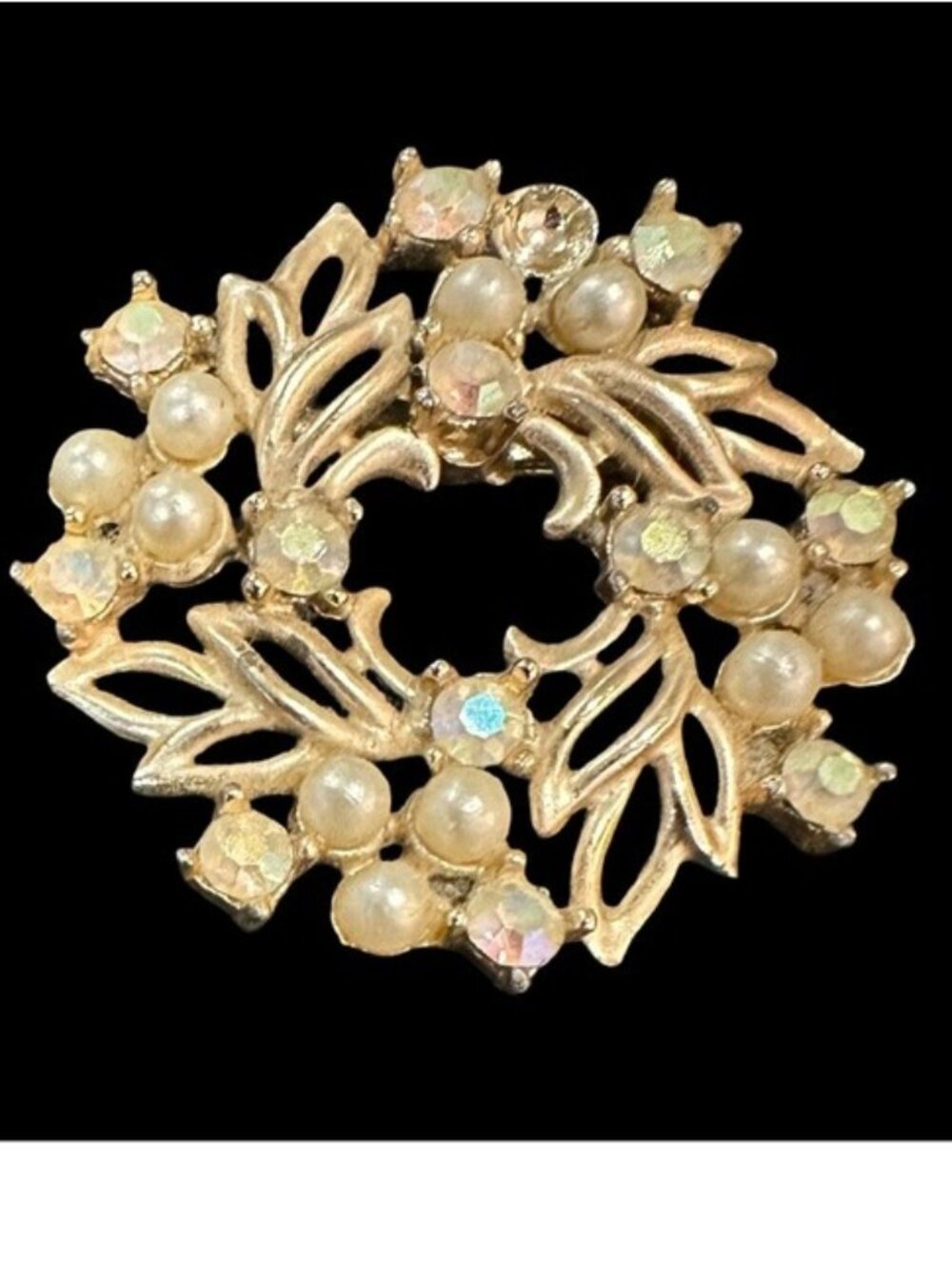 Vintage Wreath Brooch Gold Tone Faux Pearl AB Crystal Costume Jewelry Womens